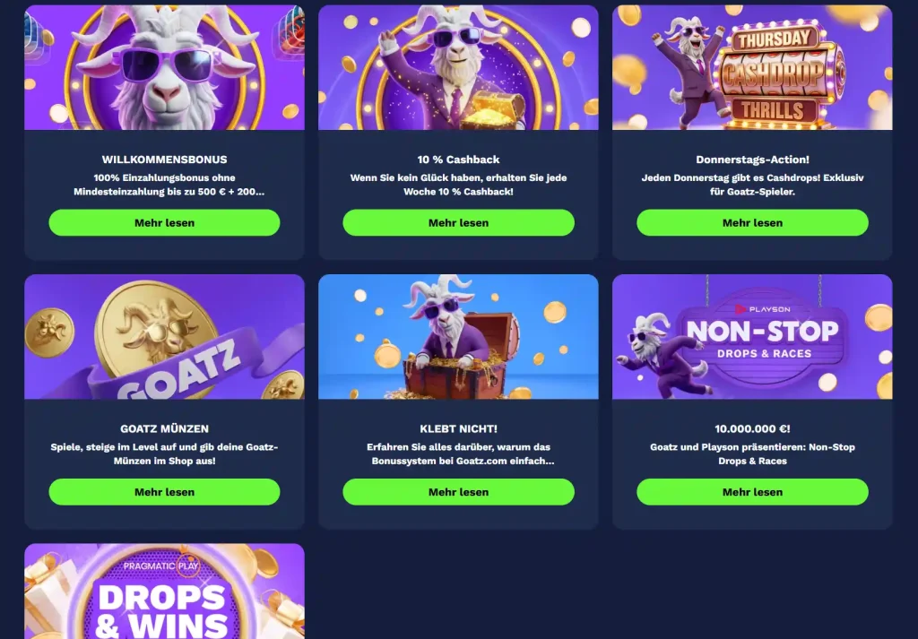 Übersicht der Goatz Casino Aktionen mit Willkommensbonus, 10 % Cashback und wöchentlichen Promotionen