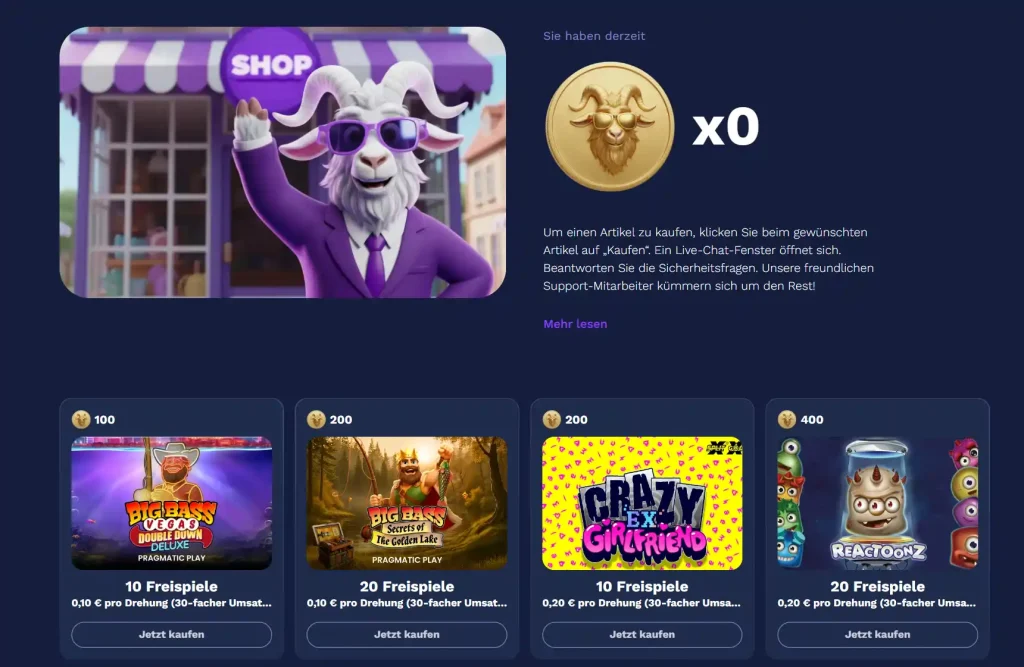 Goatz Coins Shop im Goatz Casino mit Freispiele Belohnungen für Spieler