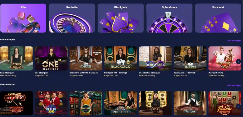 Live Casino Bereich im Goatz Casino mit Live Blackjack und Live Roulette Tischen