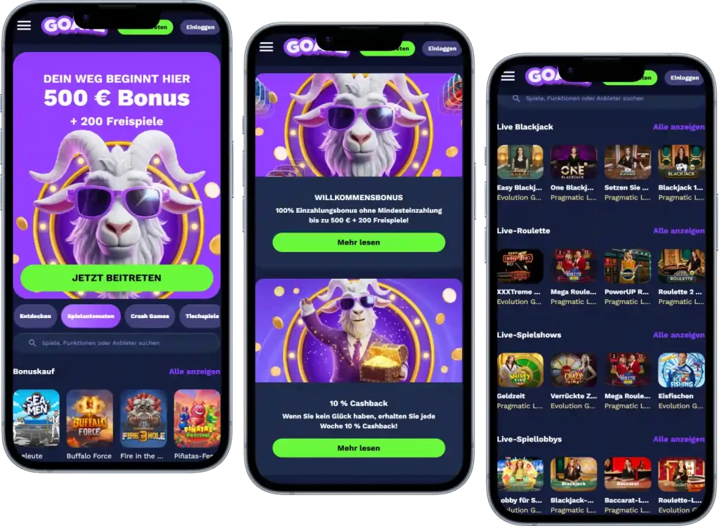 Mobile Oberfläche des Goatz Casinos mit Bonusangeboten und Live Casino Spielen auf dem Smartphone