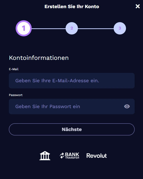 Goatz Casino Registrierungsformular mit E-Mail und Passwort Eingabe