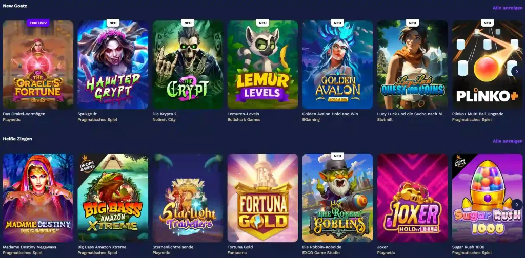 Slotspiele im Goatz Casino mit Titeln wie Sugar Rush 1000, Big Bass und Fortune Gold